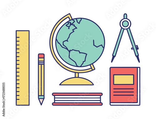 Back to school vector illustration with globe and school supplies