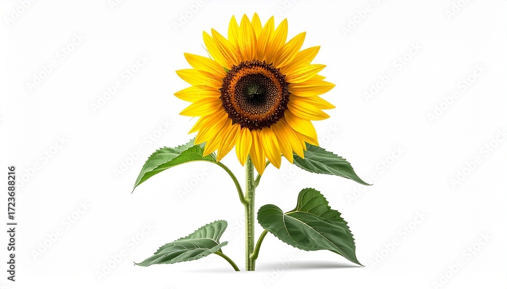 Fototapeta premium A sunflower plant with tall stem and yellow blossom photorealistic detail white background with soft shading