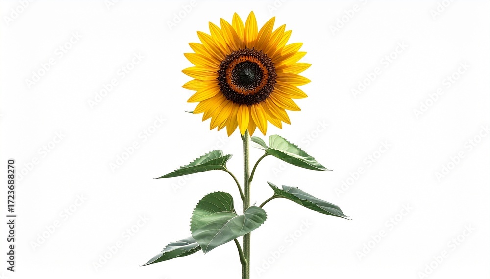 Obraz premium A sunflower plant with tall stem and yellow blossom photorealistic detail white background with soft shading 