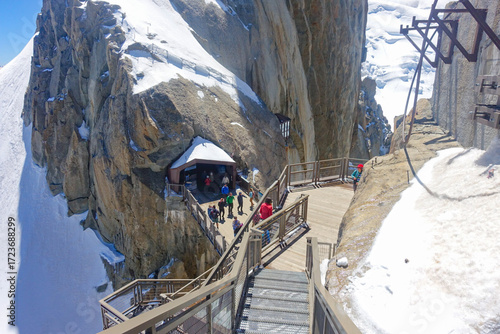 Outside on the Stairs of the Aiguille du Midi on a Summer Day