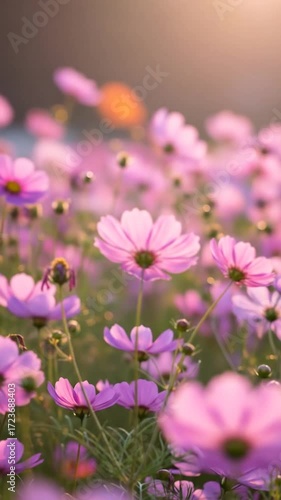 Closeup of pink cosmos flowers blooming in sunlight with gentle breeze in a vibrant garden scene