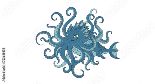 Cartoon Illustration of a Blue Octopus-Fish Hybrid Creature with Tentacles.