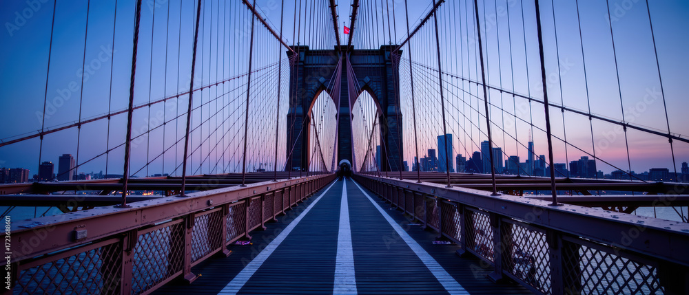 Obraz premium Brooklyn Bridge at dusk, showcasing its iconic architecture and city skyline. scene evokes sense of tranquility and urban beauty