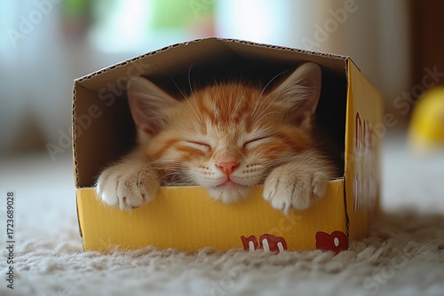 Adorable kitten curled up inside a cereal box with paws sticking out, looking derpy and playful in a cozy, funny scene