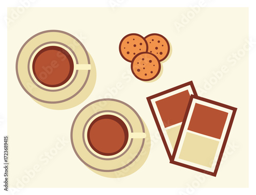 Coffee break illustration with two cups cookies and sugar packets