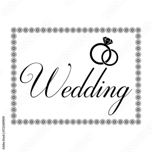 Elegant wedding calligraphy with diamond rings and floral border, classic invitation design