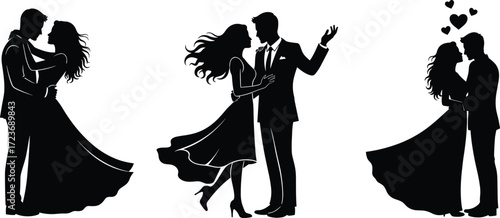PrintRomantic couple silhouettes, dancing and embracing poses, black and white vector illustration, love celebration concept, elegant wedding theme, affectionate moment design