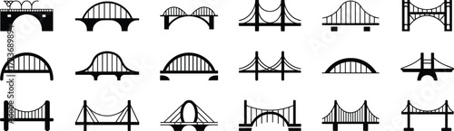 Collection of various bridge icons vector illustration showing different architectural designs, silhouettes and construction styles for infrastructure, transport and engineering.