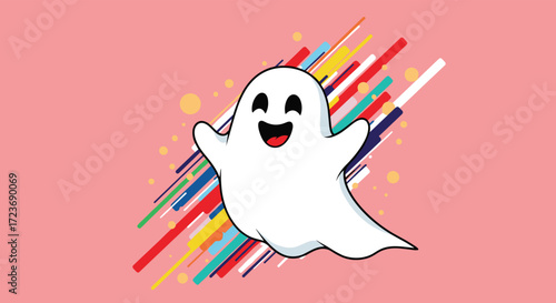 A friendly cartoon ghost happily floats with colorful lines and circles behind it on a pink background.