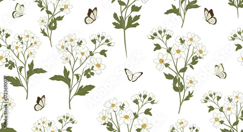 Delicate white wildflowers and fluttering butterflies adorn a whimsical seamless pattern design.