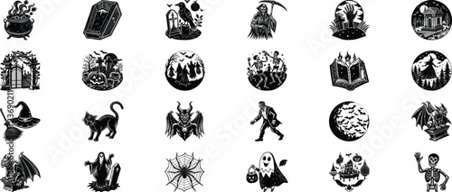 Black and white Halloween vector silhouette set with spooky icons and elements