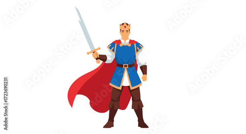 Illustrated cartoon prince character in royal blue tunic and red cape holding a sword.