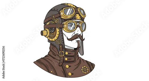 Steampunk aviator portrait with goggles and mustache.
