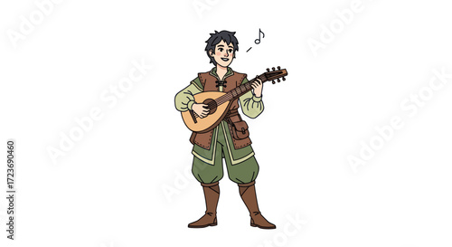 Cartoon Bard Playing a Lute Singing Notes Wearing Medieval Clothing.