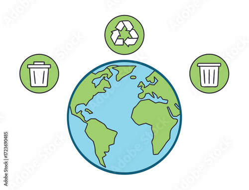 Illustration of Earth with Recycle Symbol and Trash Can Icons