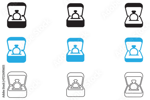 engagement ring with box vector icon set, engagement diamond ring vector, silhouette, line art