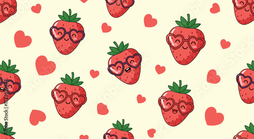 A charming pattern featuring cute strawberries wearing heart shaped glasses on a soft yellow background with scattered hearts.