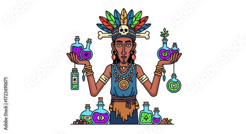 Tribal shaman witch doctor character holding colorful magic potion bottles.