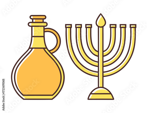 Hanukkah menorah and oil jug traditional symbols of Jewish holiday