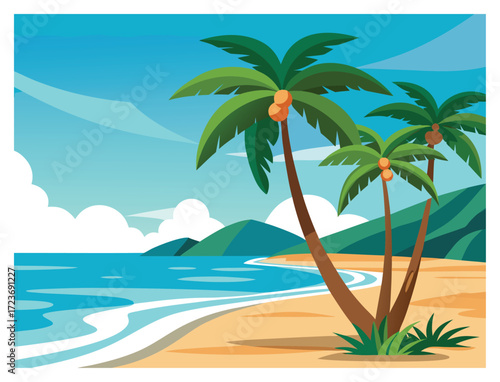 Tropical Beach with Palm Trees Cartoon Illustration Summer Vacation Getaway