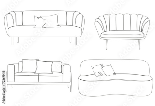 Classic and contemporary sofas collection, vector furniture set for living rooms