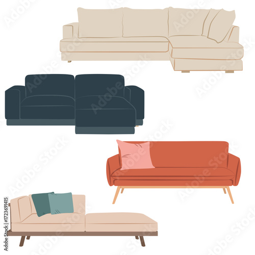 Classic and contemporary sofas collection, vector furniture set for living rooms