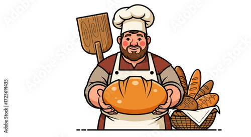 Cheerful Baker Holding Freshly Baked Loaf of Bread with Baking Tools.