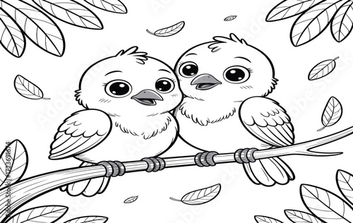 A charming black and white coloring page featuring two adorable cartoon birds cuddling on a tree branch surrounded by falling leaves.