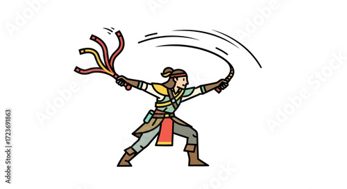 Cartoon Adventurer Character Whipping with Multi-Tailed Whip.