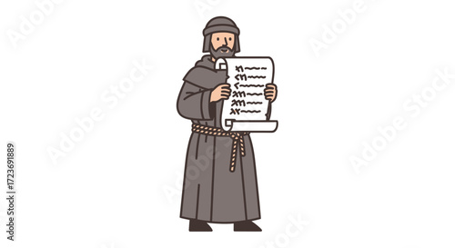 Medieval Monk Holding a Scroll with Text Wearing a Brown Robe and Hat.