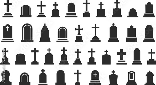 Graveyard tombstone vector illustration with cemetery headstones, memorial crosses, funeral symbols, RIP monuments, burial icons, gothic style, religion, remembrance.