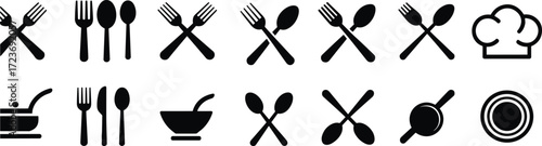 Kitchen utensils vector illustration with fork, spoon, knife, plate, chef hat, cooking icons, food preparation, restaurant, dining, culinary graphics.