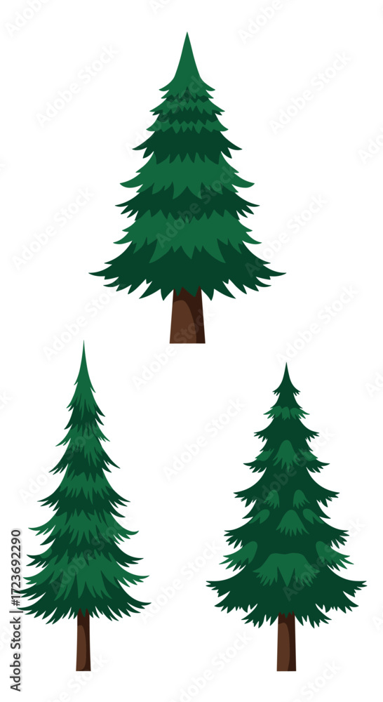 Obraz premium A collection of stylized evergreen pine trees with dark brown trunks and vibrant green foliage.