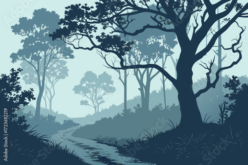 Serene forest landscape with misty trees and winding path, perfect for nature lovers and calming backgrounds, vector style illustration for creative projects