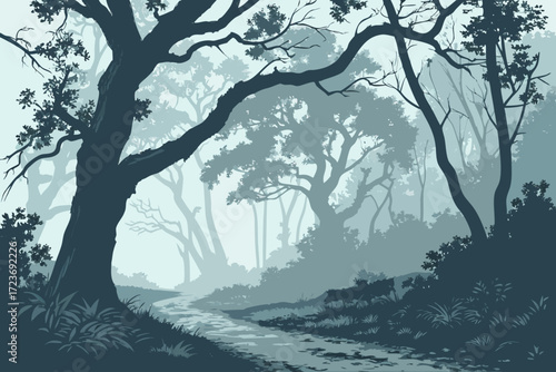 Dreamy forest path illustration with misty trees and serene atmosphere, perfect for fantasy book covers and tranquil nature designs, originally from a scalable vector