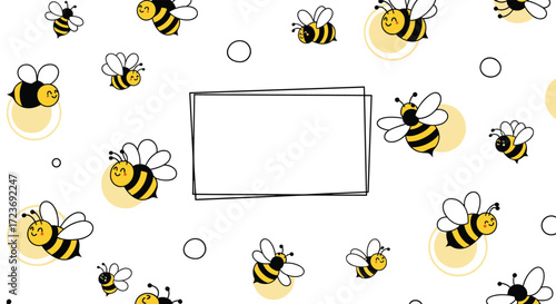 A cheerful pattern of cute buzzing bees with a central frame for text.