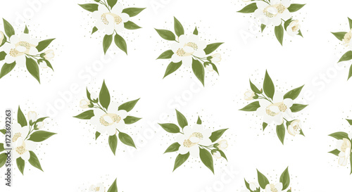 A delicate pattern of white jasmine flowers with green leaves and tiny brown speckles.