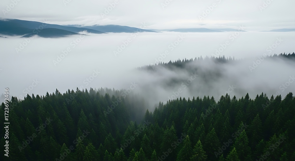 Fototapeta premium Mystical forest view with fog, trees, and mountains in the background
