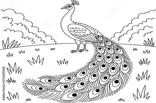 A black and white line drawing of a peacock with its tail feathers spread out, standing on grassy ground with clouds in the background.