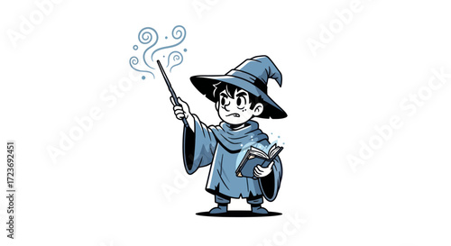 Young Apprentice Wizard Casting a Spell with Wand.