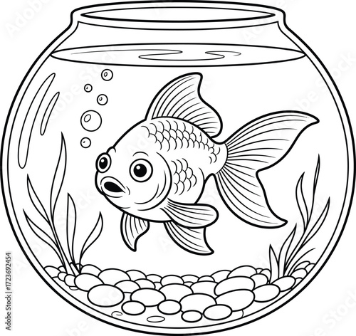 Black and white line art drawing of a goldfish swimming in a round glass fishbowl with pebbles and aquatic plants at the bottom.
