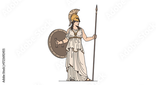 Classical illustration of the ancient Greek goddess Athena armed with a spear and shield.