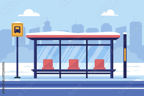Empty bus stop in winter with snow. Bus stop public transport in flat style. Vector stock