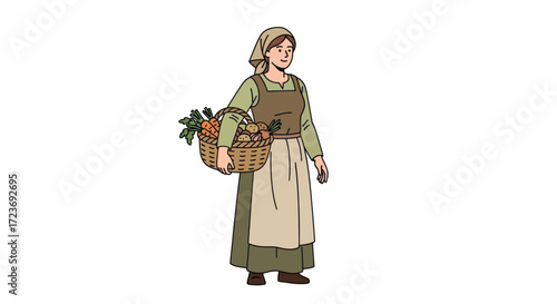 Woman in historical attire carrying a basket of produce.