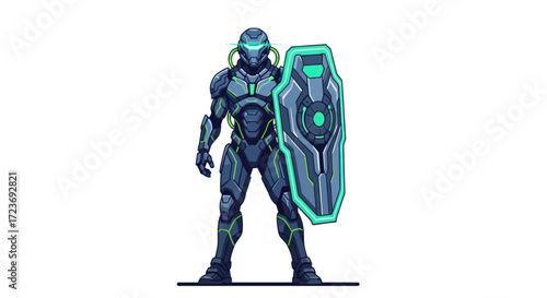 Futuristic Armored Warrior with Glowing Shield Ready for Battle.