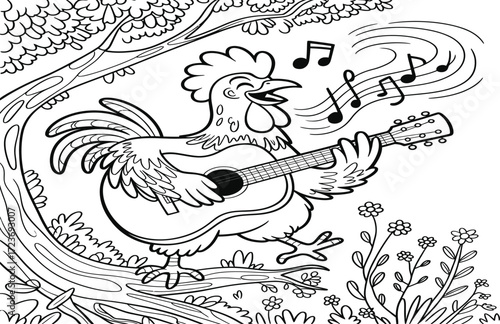 A whimsical black and white coloring page of a cartoon rooster singing and playing an acoustic guitar while perched on a tree branch.