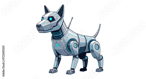 Futuristic robotic dog with glowing blue eyes and metallic body.