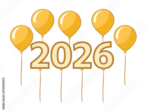 Celebrating the year 2026 with festive golden balloons on white background
