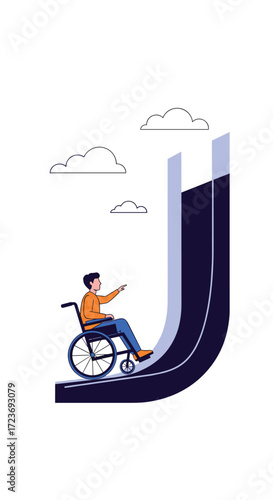 Man in a wheelchair ascends a ramp towards a brighter future.