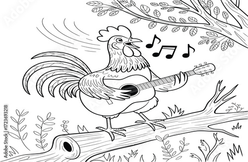 A cartoon rooster standing on a tree branch, playing a guitar and singing with musical notes above its head.